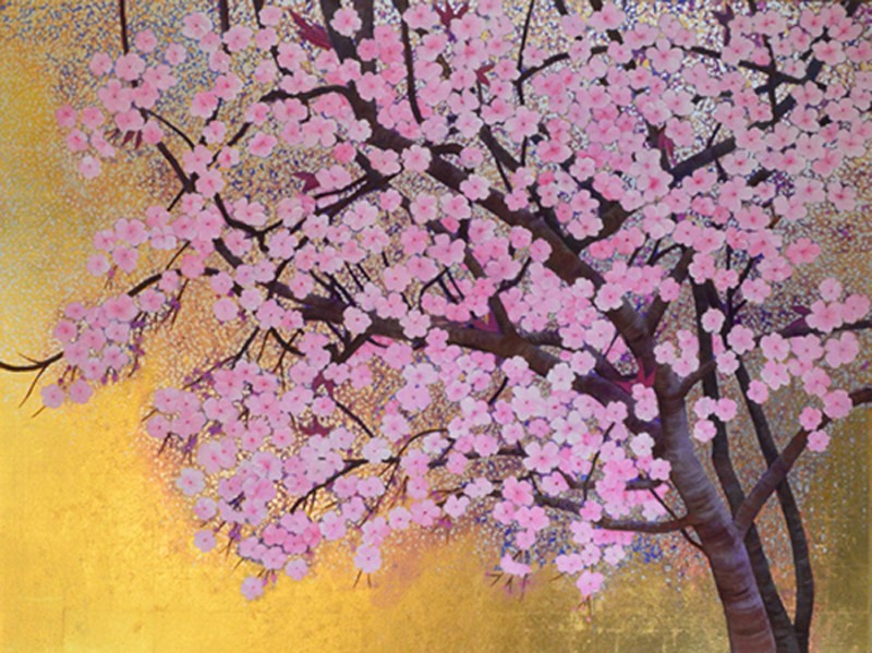 Cherry Blossoms-original oil and metal leaf by Joan Metcalf